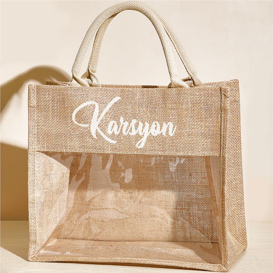 Customized Text Burlap Semi-Transparent Tote Bag
